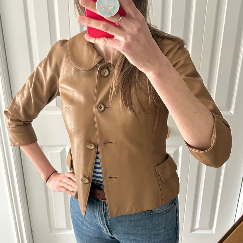 VINTAGE 100% Leather Nine West Cropped Peter Pan Collar Beige Jacket Size XS - Picture 15 of 15